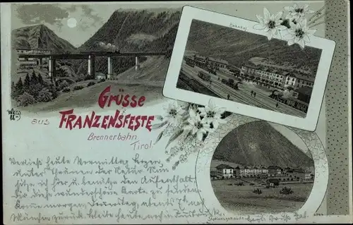 Mondschein Litho Fortezza Franzensfeste Südtirol, Stationsgebäude, Bahnhof, Gleisseite