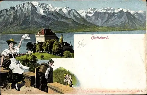 Ak Le Châtelard Finhaut Kanton Wallis, Bergpanorama, Schweizerische Tracht