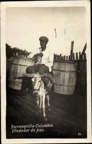 Ak Barranquilla Colombia, Vendedor de pan, Esel, Fässer