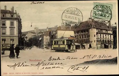 Ak Neuchâtel Neuenburg Stadt, Platz, Passanten, Straßenbahn
