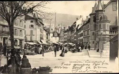 Ak Neuchâtel Kanton Neuenburg, Place des Halles, boulangerie, marché