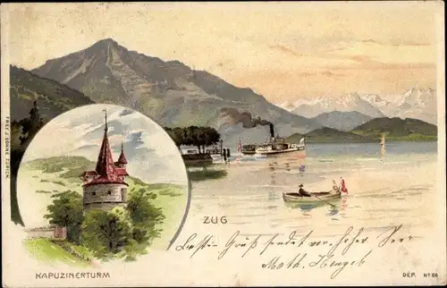 Litho Zug Stadt Schweiz, Kapuzinerturm, Ruderboot, Dampfer, Berge