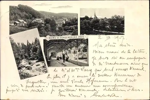 Ak Schönbrunn Kt. Zug, Bains de Schoenbrunn, Bäder, Kegelbahn, Zugersee, Fluss