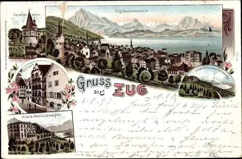 Litho Zug Stadt Schweiz, Kapuzinerturm, Hotel und Pension Schönfels, Rathaus