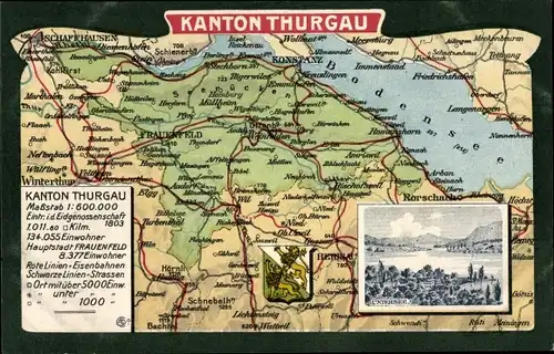Landkarten Wappen Ak Kanton Thurgau, Bodensee, Frauenfeld, Untersee