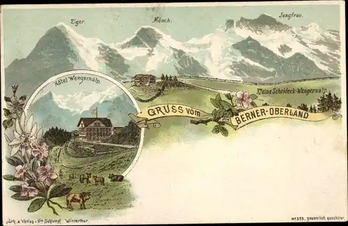 Litho Berner Oberland Kt. Bern Schweiz, Kleine Scheidegg, Hotel Wengernalp, Eiger, Mönch, Jungfrau