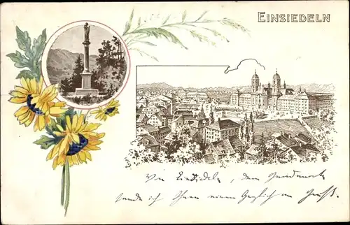 Litho Einsiedeln Kanton Schwyz Schweiz, Totalansicht, Denkmal, Sonnenblumen