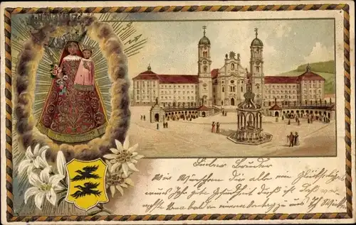 Präge Wappen Ak Einsiedeln Kanton Schwyz Schweiz, Kloster, Edelweiß, Maria