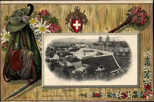 Präge Passepartout Ak Einsiedeln Kanton Schwyz Schweiz, Wanderrucksack, Hut, Blumen