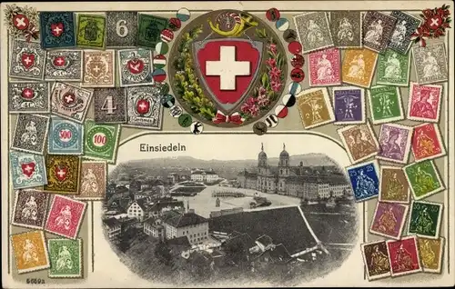 Präge Wappen Briefmarken Passepartout Ak Einsiedeln Kanton Schwyz Schweiz, Totalansicht, Kloster
