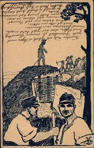 Künstler Ak Kriegsmobilmachung, Schweizerische Soldaten, Bau eines Schützengrabens, Spitzhacke