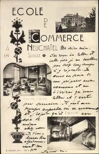 Ak Neuchâtel Neuenburg Stadt, Ecole de Commerce, Escalier, Machines