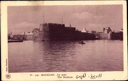 Ak Mazagan Marokko, Le Port, Hafenpartie, Festungsmauer, Ruderboot