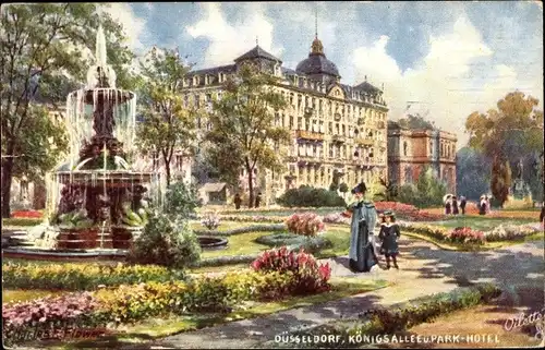 Künstler Ak Flower, C., Düsseldorf am Rhein, Brunnen, Königsallee und Parkhotel, Tuck 634 B, Serie I