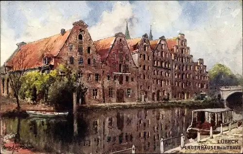 Künstler Ak Flower, C., Hansestadt Lübeck, Alte Speicher an der Ober-Trave