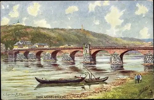 Künstler Ak Flower, Charles, Trier, Uferpartie an der Moselbrücke, Boote