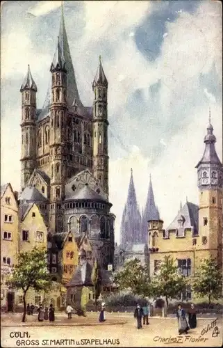 Künstler Ak Flower, E. Charles, Köln am Rhein, Groß St. Martin und Stapelhaus, Tuck 656