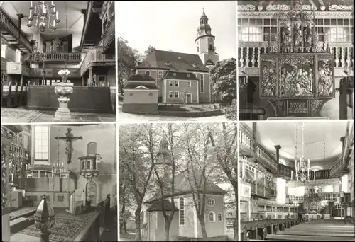Ak Scheibenberg Sachsen, Ev.-Luth. Kirche St. Johannis, Innenansichten, Außenansichten