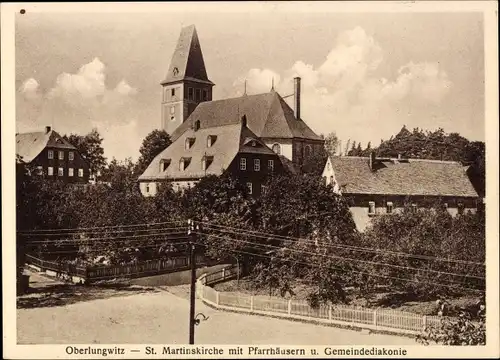 Ak Oberlungwitz, St. Martinskirche mit Pfarrhäusern und Gemeindediakonie