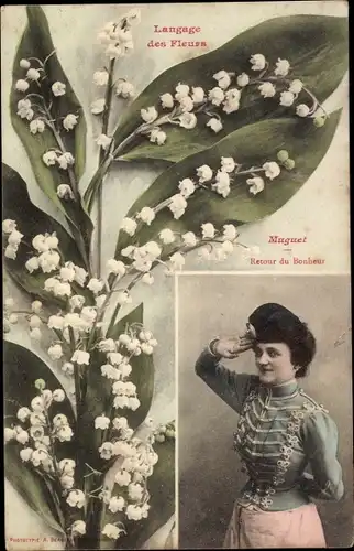 Ak Langage des Fleurs, Blumensprache, Muguet, Retour du Bonheur, Maiglöckchen