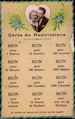 Ak Carte de Restrictions, Bon pour 1 Sourire, Bon pour 100 Baisers, Bon pour une vie de Bonheur