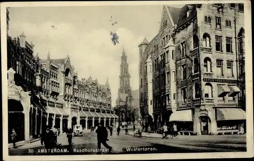 Ak Amsterdam Nordholland, Raadhuisstraat met Westertoren