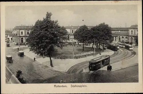 Ak Rotterdam Südholland Niederlande, Stationsplein, Bahnhof, Straßenbahn