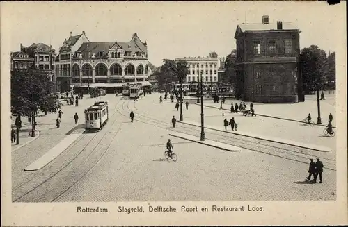 Ak Rotterdam Südholland Niederlande, Slagveld, Delftsche Poort, Restaurant Loos, Straßenbahn