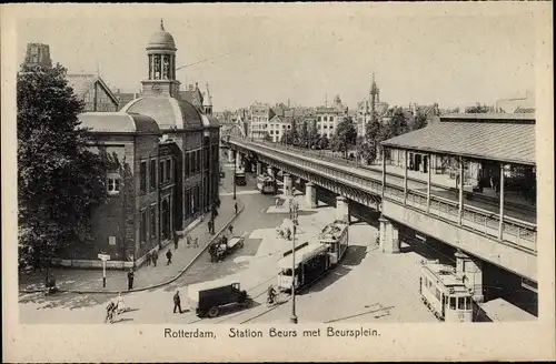 Ak Rotterdam Südholland Niederlande, Stations Beurs met Beursplein, Straßenbahn