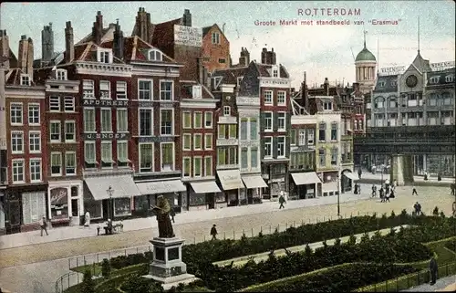 Ak Rotterdam Südholland Niederlande, Groote Markt met standbeeld van Erasmus, Warenhuis