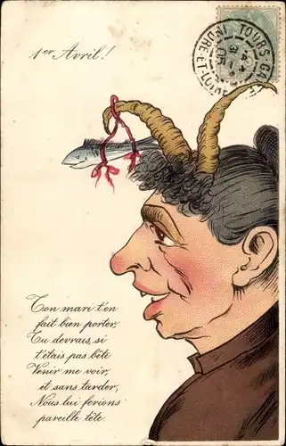 Litho 1. April, Ier Avril, Frau mit Teufelshörnern, Fisch