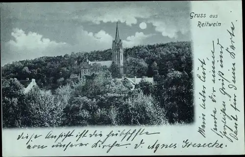 Mondschein Ak Reitwein im Oderbruch, Kirche mit Umgebung bei Nacht