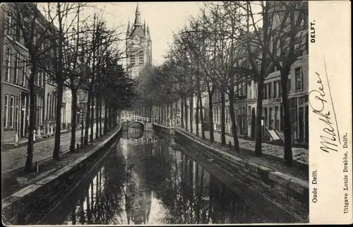 Ak Delft Südholland Niederlande, Oude Delft, Flusspartie