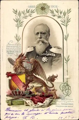 Präge Wappen Passepartout Litho Großherzog Friedrich I. von Baden, Portrait