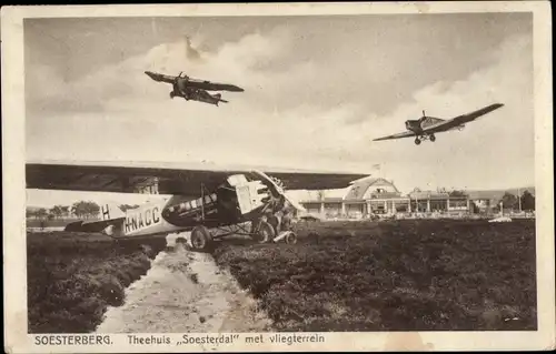 Ak Soesterberg Utrecht Niederlande, Het Theehuis Soesterdal, Flugzeuge, Vliegterrein