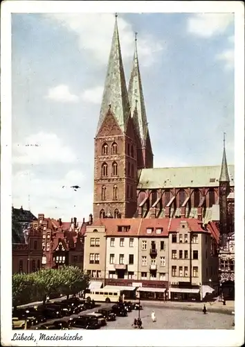 Ak Lübeck in Schleswig Holstein, Blick auf die Marienkirche, Parkplatz, Bus