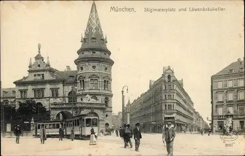 Ak München, Stiglmaierplatz und Löwenbräukeller, Straßenbahn