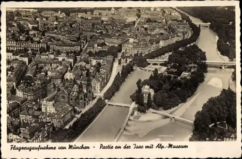 Ak München, Partie an der Isar, Alpines Museum, Fliegeraufnahme