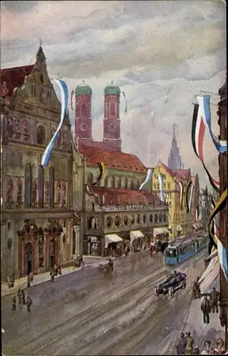 Künstler Ak München Bayern, Neuhauser- u. Kaufingerstraße, Flaggen, Frauenkirche, Straßenbahn