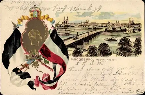 Präge Litho Magdeburg an der Elbe, Totalansicht der Ortschaft, Fahnen, Kaiser Wilhelm II.