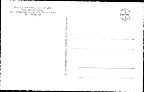 Ak Untermünstertal Münstertal im Schwarzwald, Gasthof, Pension Adler Stube