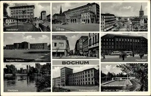 Ak Bochum im Ruhrgebiet, Hauptpost, Rathaus, Handelshof, Kortumstraße, Bergbau Museum, Freibad