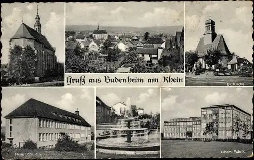 Ak Budenheim am Rhein, Kath. Kirche, Schule, Evang. Kirche, Chemische Fabrik