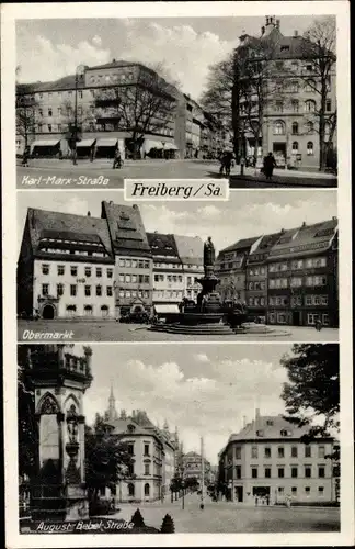 Ak Freiberg in Sachsen, Karl-Marx-Straße, Obermarkt, August-Bebel-Straße