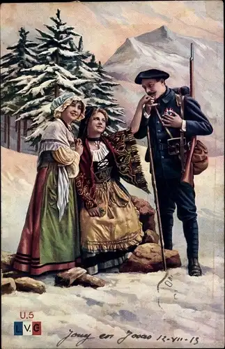 Ak Französischer Soldat in Uniform mit zwei Frauen, Gebirgsjäger