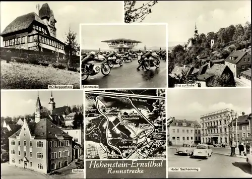 Ak Hohenstein Ernstthal in Sachsen, HO Berggasthaus, Rennstrecke, Hotel Sachsenring, Kirche, Rathaus