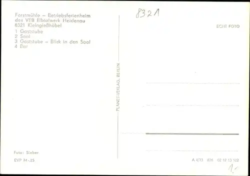 Ak Kleingießhübel Reinhardtsdorf Schöna in Sachsen, Forstmühle, Gaststube, Saal, Bar