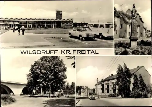 Ak Wilsdruff in Sachsen, Denkmal, Brücke, Wohnhaus, Gebäude mit Parkplatz