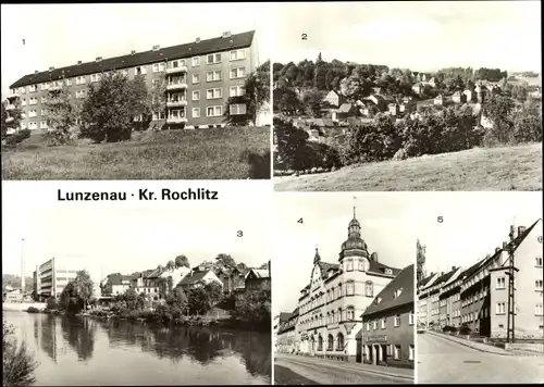 Ak Lunzenau in Sachsen, Neubaublock Erich Weinert Straße, Rathaus, Karl Marx Straße, Schillerstraße