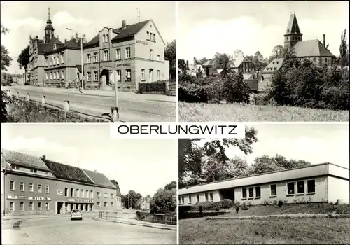 Ak Oberlungwitz in Sachsen, Kirche, Gasthof, Bungalow, Apotheke